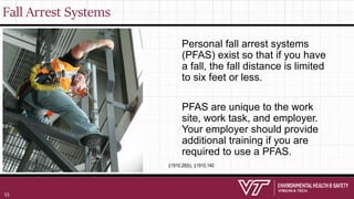 Fall Arrest Systems
Personal fall arrest systems
(PFAS) exist so that if you have
a fall, the fall distance is limited
to six feet or less.
PFAS are unique to the work
site, work task, and employer.
Your employer should provide
additional training if you are
required to use a PFAS.
§1910.28(b), §1910.140
55
 