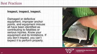 Best Practices
Inspect, inspect, inspect.
Damaged or defective
equipment, improper anchor
points, and equipment misuse
all have been identified as
contributing to fatalities or
serious injuries. Know your
equipment and its limitations. If
you don’t inspect, you can’t
expect it to perform properly.
67
 