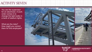 ACTIVITY SEVEN
You are the supervisor
for an electrician. A work
order comes in to
change the light bulbs in
a bank of stadium lights.
What are the risks?
How might you control
them for this employee?
70
 