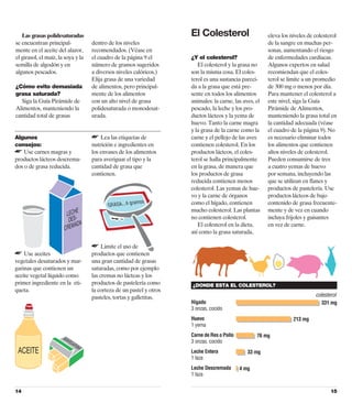Las grasas polidesaturadas                                         El Colesterol                      eleva los niveles de colesterol
se encuentran principal-            dentro de los niveles                                                de la sangre en muchas per-
mente en el aceite del alazor,      recomendados. (Véase en                                              sonas, aumentando el riesgo
el girasol, el maíz, la soya y la   el cuadro de la página 9 el       ¿Y el colesterol?                  de enfermedades cardíacas.
semilla de algodón y en             número de gramos sugeridos           El colesterol y la grasa no     Algunos expertos en salud
algunos pescados.                   a diversos niveles calóricos.)    son la misma cosa. El coles-       recomiendan que el coles-
                                    Elija grasa de una variedad       terol es una sustancia pareci-     terol se limite a un promedio
¿Cómo evito demasiada               de alimentos, pero principal-     da a la grasa que está pre-        de 300 mg o menos por día.
grasa saturada?                     mente de los alimentos            sente en todos los alimentos       Para mantener el colesterol a
  Siga la Guía Pirámide de          con un alto nivel de grasa        animales: la carne, las aves, el   este nivel, siga la Guía
Alimentos, manteniendo la           polidesaturada o monodesat-       pescado, la leche y los pro-       Pirámide de Alimentos,
cantidad total de grasas            urada.                            ductos lácteos y la yema de        manteniendo la grasa total en
                                                                      huevo. Tanto la carne magra        la cantidad adecuada (véase
                                                                      y la grasa de la carne como la     el cuadro de la página 9). No
Algunos                             ☛ Lea las etiquetas de            carne y el pellejo de las aves     es necesario eliminar todos
consejos:                           nutrición e ingredientes en       contienen colesterol. En los       los alimentos que contienen
☛ Use carnes magras y               los envases de los alimentos      productos lácteos, el coles-       altos niveles de colesterol.
productos lácteos descrema-         para averiguar el tipo y la       terol se halla principalmente      Pueden consumirse de tres
dos o de grasa reducida.            cantidad de grasa que             en la grasa, de manera que         a cuatro yemas de huevo
                                    contienen.                        los productos de grasa             por semana, incluyendo las
                                                                      reducida contienen menos           que se utilizan en flanes y
                                                                      colesterol. Las yemas de hue-      productos de pastelería. Use
                                                                      vo y la carne de órganos           productos lácteos de bajo
                                                                      como el hígado, contienen          contenido de grasa frecuente-
                                                                      mucho colesterol. Las plantas      mente y de vez en cuando
                                                                      no contienen colesterol.           incluya frijoles y guisantes
                                                                         El colesterol en la dieta,      en vez de carne.
                                                                      así como la grasa saturada,

                                    ☛ Limite el uso de
☛ Use aceites                       productos que contienen
vegetales desaturados y mar-        una gran cantidad de grasas
garinas que contienen un            saturadas, como por ejemplo
aceite vegetal líquido como         las cremas no lácteas y los
primer ingrediente en la eti-       productos de pastelería como      ¿DONDE ESTA EL COLESTEROL?
queta.                              la corteza de un pastel y otros
                                    pasteles, tortas y galletitas.                                                            colesterol
                                                                      Hígado                                                     331 mg
                                                                      3 onzas, cocido
                                                                      Huevo                                         213 mg
                                                                      1 yema
                                                                      Carne de Res o Pollo          76 mg
                                                                      3 onzas, cocido
                                                                      Leche Entera              33 mg
                                                                      1 taza
                                                                      Leche Descremada       4 mg
                                                                      1 taza


14                                                                                                                                   15
 