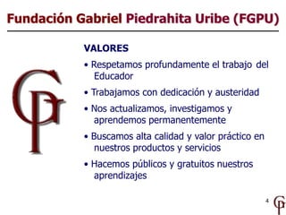 Fundación Gabriel Piedrahita Uribe (FGPU)

           VALORES
           • Respetamos profundamente el trabajo del
              Educador
           • Trabajamos con dedicación y austeridad
           • Nos actualizamos, investigamos y
             aprendemos permanentemente
           • Buscamos alta calidad y valor práctico en
              nuestros productos y servicios
           • Hacemos públicos y gratuitos nuestros
             aprendizajes

                                                         4
 