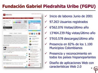 Fundación Gabriel Piedrahita Uribe (FGPU)

                   Inicio de labores Junio de 2001
                   97.263 Usuarios registrados
                   6’562.076 Visitas/último año
                   13’464.239 Pág vistas/último año
                   5’910.578 descargas/último año
                   Presencia en 82% de los 1.100
                    Municipios Colombianos
                   Presencia y reconocimiento en
                    todos los países hispanoparlantes
                   Diseño de aplicaciones Web con
                    características Web 2.0     9
 