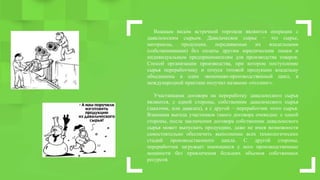Важным видом встречной торговли являются операции с
давальческим сырьем. Давальческое сырье − это сырье,
материалы, продукция, передаваемые их владельцами
(собственниками) без оплаты другим юридическим лицам и
индивидуальным предпринимателям для производства товаров.
Способ организации производства, при котором поступление
сырья переработчику и отпуск готовой продукции владельцу
объединены в один экономико-производственный цикл, в
международной практике получил название «толлинг».
Участниками договора на переработку давальческого сырья
являются, с одной стороны, собственник давальческого сырья
(заказчик, или давалец), а с другой − переработчик этого сырья.
Взаимная выгода участников такого договора очевидна: c одной
стороны, после заключения договора собственник давальческого
сырья может выпускать продукцию, даже не имея возможности
самостоятельно обеспечить выполнение всех технологических
стадий производственного цикла. С другой стороны,
переработчик загружает имеющиеся у него производственные
мощности без привлечения больших объемов собственных
ресурсов.
 