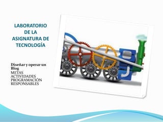 LABORATORIO
DE LA
ASIGNATURA DE
TECNOLOGÍA
Diseñar y operar un
Blog
METAS
ACTIVIDADES
PROGRAMACIÓN
RESPONSABLES
 