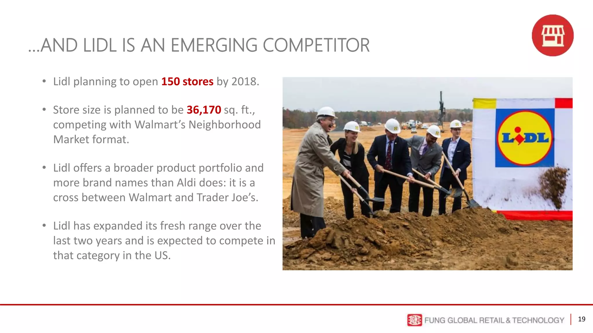 19
…AND LIDL IS AN EMERGING COMPETITOR
• Lidl planning to open 150 stores by 2018.
• Store size is planned to be 36,170 sq. ft.,
competing with Walmart’s Neighborhood
Market format.
• Lidl offers a broader product portfolio and
more brand names than Aldi does: it is a
cross between Walmart and Trader Joe’s.
• Lidl has expanded its fresh range over the
last two years and is expected to compete in
that category in the US.
 