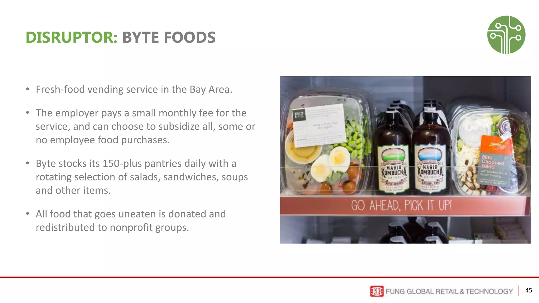 45
DISRUPTOR: BYTE FOODS
• Fresh-food vending service in the Bay Area.
• The employer pays a small monthly fee for the
service, and can choose to subsidize all, some or
no employee food purchases.
• Byte stocks its 150-plus pantries daily with a
rotating selection of salads, sandwiches, soups
and other items.
• All food that goes uneaten is donated and
redistributed to nonprofit groups.
 