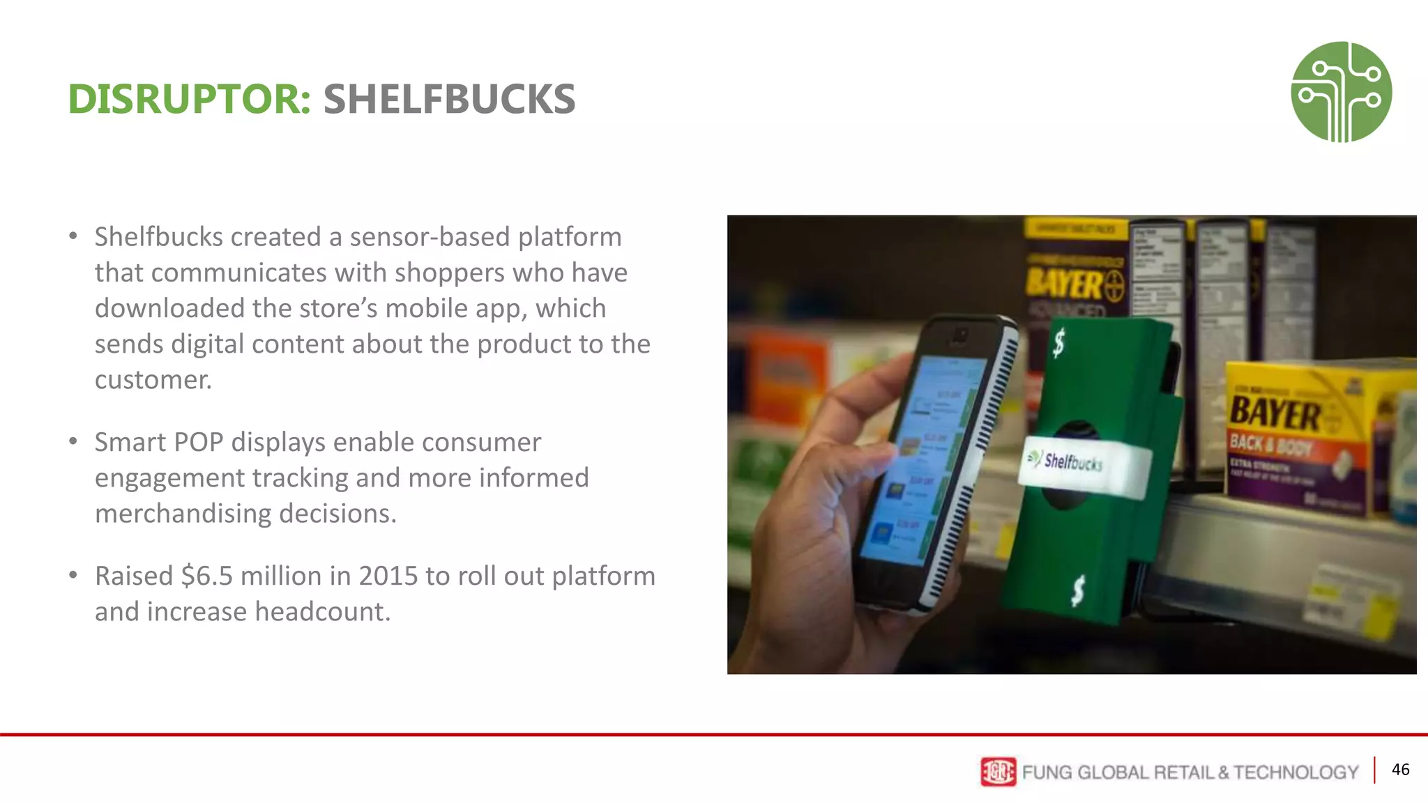 46
DISRUPTOR: SHELFBUCKS
• Shelfbucks created a sensor-based platform
that communicates with shoppers who have
downloaded the store’s mobile app, which
sends digital content about the product to the
customer.
• Smart POP displays enable consumer
engagement tracking and more informed
merchandising decisions.
• Raised $6.5 million in 2015 to roll out platform
and increase headcount.
 