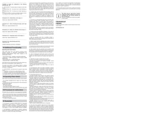 Possibility to change the configuration of the following
parameters [30 - 33].
0 - DEACTIVATION - the device does not respond to alarm data
frames
1 - ALARM RELAY ON - the device turns on after detecting an
alarm
2 - ALARM RELAY OFF - the device turns off after detecting an
alarm
3 - ALARM FLASHING - the device periodically changes its status
to the opposite, when it detects an alarm within 10 min.
Parameter No. 30 - General Alarm, set for relay no. 1.
Default value: 3[byte] ALARM FLASHING
Parameter No. 31 - Alarm of flooding with water, set for relay
no. 1.
Default value: 2[byte] ALARM RELAY OFF
Parameter No. 32 - Smoke, CO, CO2 Alarm. Set for relay no. 1.
Default value: 3[byte] ALARM FLASHING
Parameter No. 33 - Temperature Alarm, set for relay no. 1.
Default value: 1[byte] ALARM RELAY ON
Parameter No. 39 - Active flashing alarm time.
Default value: 600
Available configuration parameters: [1-65535][ms]
VI Additional Functionality
Operating alarm data frames
Fibaro system allows user to set response of devices to alarm
situations (response to data-frames ALARM_REPORT and
SENSOR_ALARM_REPORT) Fibaro switch responds to the
following types of alarms:
• General Purpose Alarm - GENERAL PURPOSE ALARM [0x00]
• Smoke Alarm - ALARM CO2 [0x02], ALARM CO [0x01], ALARM
SMOKE [0x03]
• Water Flooding Alarm - ALARM WATER [0x05]
• Temperature Alarm - ALARM HEAT [0x04]
Alarm data-frames are sent by devices that are system sensors (e.g.,
flood sensors, smoke detectors, motion detectors, etc.).
VII Operating Fibaro Switch
Fibaro Switch may be operated using the following control elements:
− any controller compatible with the system (e.g. Home Center
controller)
− a mobile phone (e.g. iPhone and phones from other manufacturers
with appropriate software)
− tablet (such as iPad)
− PC, using a web browser
− push-buttons connected to inputs S1 and S2
− service button B, located inside the housing (activates learn mode)
IX Guarantee
3. During the Guarantee period, the Manufacturer shall remove any
defects, free of charge, by repairing or replacing (at the sole
discretion of the Manufacturer) any defective components of the
Device with new or regenerated components, that are free of
defects. When the repair impossible, the Manufacturer reserves the
right to replace the device with a new or regenerated one, which shall
be free of any defects and its condition shall not be worse than the
original device owned by the Customer.
4. In special cases, when the device cannot be replaced with the
device of the same type (e.g. the device is no longer available in the
commercial offer), the Manufacturer may replace it with a different
device having technical parameters similar to the faulty one. Such
activity shall be considered as fulfilling the obligations of the
Manufacturer. The Manufacturer shall not refund money paid for the
device.
5. The holder of a valid guarantee shall submit a guarantee claim
through the guarantee service. Remember: before you submit a
guarantee claim, contact our technical support using telephone or
e-mail. More than 50% of operational problems is resolved remotely,
saving time and money spent to initiating guarantee procedure. If
remote support is insufficient, the Customer shall fill the guarantee
claim form (using our website - www.fibaro.com) in order to obtain
claim authorization.
When the guarantee claim form is submitted correctly, the Customer
shall receive the claim confirmation with an unique number (Return
Merchandise Authorization -RMA).
6. The claim may be also submitted by telephone. In this case, the
call is recorded and the Customer shall be informed about it by a
consultant before submitting the claim. Immediately after submitting
the claim, the consultant shall provide the Customer with the claim
number (RMA-number).
7. When the guarantee claim form is submitted correctly, a
representative of the Authorised Guarantee Service (hereinafter as
"AGS") shall contact the Customer.
8. Defects revealed within the guarantee period shall be removed
not later than 30 days from the date of delivering the Device to AGS.
The guarantee period shall be extended by the time in which the
Device was kept by AGS.
9. The faulty device shall be provided by the Customer with complete
standard equipment and documents proving its purchase.
10. Parts replaced under the guarantee are the property of the
Manufacturer. The guarantee for all parts replaced in the guarantee
process shall be equal to the guarantee period of the original device.
The guarantee period of the replaced part shall not be extended.
11. Costs of delivering the faulty device shall be borne by the
Customer. For unjustified service calls, the Service may charge the
Customer with travel expenses and handling costs related to the
case.
12. AGS shall not accept a complaint claim only when:
• the Device was misused or the manual was not observed,
• the Device was provided by the Customer incomplete, without
accessories or nameplate,
• it was determined that the fault was caused by other reasons than
a material or manufacturing defect of the Device
• the guarantee document is not valid or there is no proof of
purchase,
13. The Manufacturer shall not be liable for damages to property
caused by defective device. The Manufacturer shall not be liable for
indirect, incidental, special, consequential or punitive damages, or
for any damages, including, inter alia, loss of profits, savings, data,
loss of benefits, claims by third parties and any property damage or
personal injuries arising from or related to the use of the Device.
14. The guarantee shall not cover:
• mechanical damages (cracks, fractures, cuts, abrasions, physical
deformations caused by impact, falling or dropping the device or
other object, improper use or not observing the operating manual);
• damages resulting from external causes, e.g.: flood, storm, fire,
lightning, natural disasters, earthquakes, war, civil disturbance, force
majeure, unforeseen accidents, theft, water damage, liquid leakage,
battery spill, weather conditions, sunlight, sand, moisture, high or low
temperature, air pollution;
• damages caused by malfunctioning software, attack of a computer
virus, or by failure to update the software as recommended by the
Manufacturer;
• damages resulting from: surges in the power and/or telecommuni-
cation network, improper connection to the grid in a manner
inconsistent with the operating manual, or from connecting other
devices not recommended by the Manufacturer.
• damages caused by operating or storing the device in extremely
adverse conditions, i.e. high humidity, dust, too low (freezing) or too
high ambient temperature. Detailed permissible conditions for
operating the Device are defined in the operating manual;
• damages caused by using accessories not recommended by the
Manufacturer
• damages caused by faulty electrical installation of the Customer,
including the use of incorrect fuses;
• damages caused by Customer's failure to provide maintenance and
servicing activities defined in the operating manual;
• damages resulting from the use of spurious spare parts or
accessories improper for given model, repairing and introducing
alterations by unauthorized persons;
• defects caused by operating faulty Device or accessories.
15. The scope of the guarantee repairs shall not include periodic
maintenance and inspections, in particular cleaning, adjustments,
operational checks, correction of errors or parameter programming
and other activities that should be performed by the user (Buyer).
The guarantee shall not cover natural wear and tear of the Device
and its components listed in the operating manual and in technical
documentation as such elements have a defined operational life.
16. If a defect is not covered by the guarantee, the Manufacturer
reserves the right to remove such defect at its sole discretion,
repairing the damaged or destroyed parts or providing components
necessary for repair or replacement.
17. This guarantee shall not exclude, limit or suspend the Customer
rights when the provided product is inconsistent with the purchase
agreement.
This Device may be used with all devices
certified with Z-Wave certificate and should be
compatible with such devices produced by
other manufacturers.
Any device compatible with Z-Wave may be added
to Fibaro system.
i
FIBARGROUP
FIBARO
In case of any technical questions contact customer service centre
in your country.
www.fibargroup.com
The device does not respond to a pre-programmed transmitter:
• Make sure that the maximum range is not exceeded and the signal
path is not obstructed by metal surfaces such as metal cabinets, etc.
• Make sure the device is not in the programming mode, or repeat
the programming process.
• Or repeat the programming process.
VIII Procedures for malfunctions
The device may respond in the following manner to received
data-frames (settings are configured in configuration parameters,
see section V Configuration ):
• 0 - DEACTIVATION - the device does not respond to alarm data
frames
• 1 - ALARM ON - the device turns on after detecting an alarm
• 2 - ALARM OFF - the device turns off after detecting an alarm
• 3 - ALARM FLASHING - the device periodically changes its status
to the opposite when it detects an alarm (lights on/off alternately)
1. The Guarantee is provided by FIBAR GROUP S.A. (hereinafter
"Manufacturer"), based in Poznan, ul. Lotnicza 1; 60-421 Poznan,
entered in the register of the National Court Register kept by the
District Court in Poznań, VIII Economic Department of the National
Court Register, no. 370151, NIP 7811858097, REGON: 301595664.
2. The Manufacturer is responsible for equipment malfunction
resulting from physical defects (manufacturing or material) of the
Device for 12 months from the date of its purchasing.
 