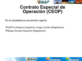 Contrato Especial de
               Operación (CEOP)
En la actualidad se encuentran vigente:

CEOP en bloques Caupolicán, Lenga y Coirón (Magallanes).
Bloque Dorado–Riquelme (Magallanes).
 