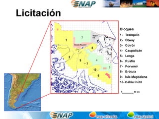 Licitación
                                                            Bloques
                                           Bloque           1- Tranquilo
                               3           Fell
             1                                              2- Otway
                     Dorado-Riquelme
                                                            3- Coirón
                                           8
                                                            4- Caupolicán

                 2                                          5- Lenga
                           9                    4           6- Rusfin
                                       7
                                                        5   7- Porvenir
                                               10
                                                            8- Brótula
                                                    6       9- Isla Magdalena
                                                            10- Bahía Inútil


                                                            0         50 km
 