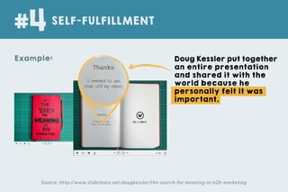 Example:
SELF-FULFILLMENT
#4
Source: http://www.slideshare.net/dougkessler/the-search-for-meaning-in-b2b-marketing
Doug Kessler put together
an entire presentation
and shared it with the
world because he
personally felt it was
important.
 