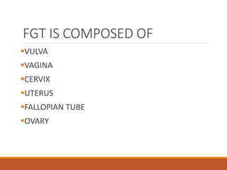 FGT IS COMPOSED OF
VULVA
VAGINA
CERVIX
UTERUS
FALLOPIAN TUBE
OVARY
 