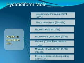 Hydatidiform Mole
Usually, in
association
with,
Theca lutein cysts (25-50%)
Very early onset Preeclampsia
( 26%)
Markedly elevated hCG 100,000
mIU/mL
Breathlessnessoracute respiratory
distress(2%)
Hyperemesis gravidarum (25%)
Hyperthyroidism (1-7%)
Excessive uterine enlargement
(50%)
 