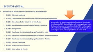 EVENTOS eSOCIAL
➢ Atualização de dados cadastrais e contratuais do trabalhador
➢ S-2190 – Admissão preliminar
➢ S-2200 - Cadastramento Inicial do Vínculo e Admissão/Ingresso de Trabalhador
➢ S-2205 - Alteração de Dados Cadastrais do Trabalhador
➢ S-2206 - Alteração de Contrato de Trabalho/Relação Estatutária
➢ S-2299 – Desligamento
➢ S-2300 - Trabalhador Sem Vínculo de Emprego/Estatutário - Início
➢ S-2306 - Trabalhador Sem Vínculo de Emprego/Estatutário - Alteração Contratual
➢ S-2399 - Trabalhador Sem Vínculo de Emprego/Estatutário – Término
➢ S-2500 - Processo Trabalhista
➢ S-8200 - Anotação Judicial do Vínculo
➢ S-8299 - Baixa Judicial do Vínculo
 