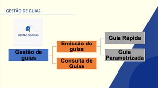 GESTÃO DE GUIAS
Gestão de
guias
Emissão de
guias
Guia Rápida
Guia
Parametrizada
Consulta de
Guias
 