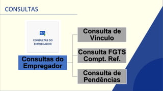 CONSULTAS
Consultas do
Empregador
Consulta de
Vínculo
Consulta FGTS
Compt. Ref.
Consulta de
Pendências
 
