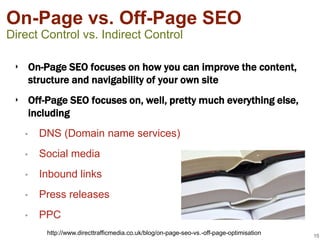 On-Page vs. Off-Page SEO
Direct Control vs. Indirect Control

 ‣ On-Page SEO focuses on how you can improve the content,
   structure and navigability of your own site
 ‣ Off-Page SEO focuses on, well, pretty much everything else,
   including
   •   DNS (Domain name services)
   •   Social media
   •   Inbound links
   •   Press releases
   •   PPC
        http://www.directtrafficmedia.co.uk/blog/on-page-seo-vs.-off-page-optimisation   15
 