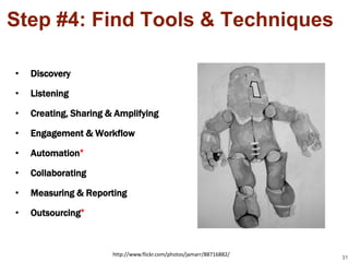 Step #4: Find Tools & Techniques

•   Discovery

•   Listening

•   Creating, Sharing & Amplifying

•   Engagement & Workflow

•   Automation*

•   Collaborating

•   Measuring & Reporting

•   Outsourcing*



                       http://www.flickr.com/photos/jamarr/88716882/
                                                                       31
 