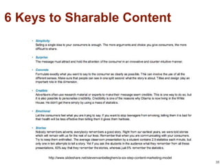 6 Keys to Sharable Content




      http://www.slideshare.net/stevenvanbelleghem/a-six-step-content-marketing-model
                                                                                        38
 