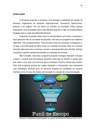 13



CONCLUSÃO


        O processo proposto é complexo, mas abrange a totalidade da criação da
empresa, englobando os aspectos organizacionais, financeiros, operacionais,
técnicos e de negócio. Por ser ainda um conceito em formação, vários autores
propuseram uma abordagem para cada diferente aspecto e cabe ao empreendedor/
fundador fazer a união das diferentes técnicas.
        O gerente de projeto neste caso é o empreendedor que fundou a empresa e
deve gerenciar não só um projeto na empresa, mas todo um programa com objetivos
diferentes, mas complementares. Todo processo pode ser resumido no Diagrama 3,
ou seja, a transformação da idéia inicial num protótipo funcional, este num produto/
mercado adequado para a empresa, cumprir a promessa feita para clientes, otimizar
o processo e ganhar escala de produção ou prestação de serviços.
        Não é simples, mas todo o programa proposto consegue descobrir o escopo
e definir o produto final da empresa, descobrir quem são os clientes e vender para
eles, assim como criar uma estrutura para a empresa e fazê-la crescer para vender.
Todo este programa precisa ser melhor estudado e formalizado, mas representa
uma abordagem eficiente para se estrutura projetos em ambientes de extrema
incerteza como no caso de projetos de inovação e a criação de novas tecnologias.




        Diagrama 3. Adaptação própria baseado no conceito de Pirâmide de Startups (ELLIS, 2011)
 