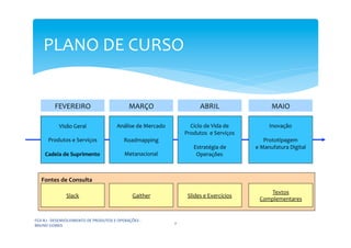 PLANO	
  DE	
  CURSO	
  


                 FEVEREIRO	
                                           MARÇO	
                                 ABRIL	
                              MAIO	
  
                                                                          	
  
                                                                          	
                                      	
                                   	
  
                 Visão	
  Geral	
                             Análise	
  de	
  Mercado	
               Ciclo	
  de	
  Vida	
  de	
  	
             Inovação	
  
                            	
                                            	
                         Produtos	
  	
  e	
  Serviços	
                   	
  
             Produtos	
  e	
  Serviços	
                        Roadmapping	
                                     	
                             Prototipagem	
  	
  
                            	
                                            	
                            Estratégia	
  de	
  	
  	
         e	
  Manufatura	
  Digital	
  
            Cadeia	
  de	
  Suprimento	
                        Metanacional	
                            Operações	
                                  	
  
                                                                          	
                                      	
                                   	
  
                                                                          	
  

     Fontes	
  de	
  Consulta	
  
     	
                                                                                                                                          Textos	
  	
  
     	
                Slack	
                                           Gaither	
                     Slides	
  e	
  Exercícios	
  
                                                                                                                                             Complementares	
  
     	
  
FGV-­‐RJ	
  -­‐	
  DESENVOLVIMENTO	
  DE	
  PRODUTOS	
  E	
  OPERAÇÕES	
  -­‐	
  
                                                                                             2	
  
BRUNO	
  GOMES	
  
 