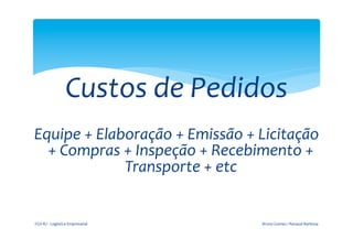  
                                                         	
  


                                 Custos	
  de	
  Pedidos	
  
                                   	
  
       Equipe	
  +	
  Elaboração	
  +	
  Emissão	
  +	
  Licitação	
  
         +	
  Compras	
  +	
  Inspeção	
  +	
  Recebimento	
  +	
  
                          Transporte	
  +	
  etc	
  

	
  
       FGV-­‐RJ	
  -­‐	
  Logística	
  Empresarial	
            Bruno	
  Gomes	
  /	
  Renaud	
  Barbosa	
  
 