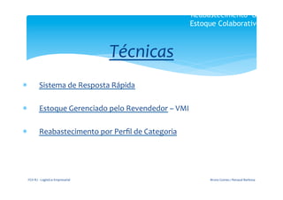 Reabastecimento de
                                                                          Estoque Colaborativo



                                                   Técnicas	
  
                                                           	
  
*            Sistema	
  de	
  Resposta	
  Rápida	
  	
  

*            Estoque	
  Gerenciado	
  pelo	
  Revendedor	
  –	
  VMI	
  	
  

*            Reabastecimento	
  por	
  Perﬁl	
  de	
  Categoria	
  	
  




 FGV-­‐RJ	
  -­‐	
  Logística	
  Empresarial	
                                 Bruno	
  Gomes	
  /	
  Renaud	
  Barbosa	
  
 