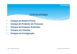 Introdução

                                                   	
  
                                        TIPOS	
  DE	
  ESTOQUE	
  
                                                    	
  
*            Estoque	
  de	
  Matéria	
  Prima;	
  
*            Estoque	
  de	
  Produtos	
  em	
  Processo;	
  
*            Estoque	
  de	
  Produtos	
  Acabados;	
  
*            Estoque	
  em	
  Trânsito;	
  
*            Estoque	
  em	
  Consignação.	
  




 FGV-­‐RJ	
  -­‐	
  Logística	
  Empresarial	
                       Bruno	
  Gomes	
  /	
  Renaud	
  Barbosa	
  
 