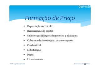 Operações



                                              Formação	
  de	
  Preço	
  
                                                          	
  
                                                            	
  




FGV-­‐RJ	
  -­‐	
  Logística	
  Empresarial	
                                                    20	
  
                                                                       Bruno	
  Gomes	
  /	
  Renaud	
  Barbosa	
  
 