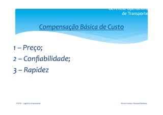 Gerência Operacional
                                                                                  de Transportes


                                            Compensação	
  Básica	
  de	
  Custo	
  
                                                           	
  
1	
  –	
  Preço;	
  
2	
  –	
  Conﬁabilidade;	
  
3	
  –	
  Rapidez	
  



 FGV-­‐RJ	
  -­‐	
  Logística	
  Empresarial	
                                    Bruno	
  Gomes	
  /	
  Renaud	
  Barbosa	
  
 