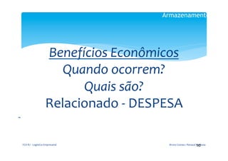 Armazenamento

                                                              	
  
                                                             	
  

                                         Benefícios	
  Econômicos	
  
                                            Quando	
  ocorrem?	
  
                                               Quais	
  são?	
  
                                         Relacionado	
  -­‐	
  DESPESA	
  
	
  	
  
                                                               	
  




           FGV-­‐RJ	
  -­‐	
  Logística	
  Empresarial	
                                               10	
  
                                                                       Bruno	
  Gomes	
  /	
  Renaud	
  Barbosa	
  
 