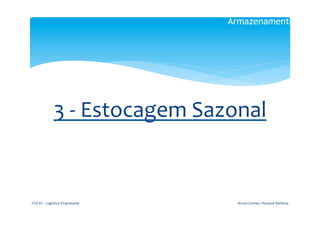 Armazenamento

                                                   	
  

                                                  	
  
                                                  	
  

                     3	
  -­‐	
  Estocagem	
  Sazonal	
  
                                        	
  
                                                  	
  

FGV-­‐RJ	
  -­‐	
  Logística	
  Empresarial	
              Bruno	
  Gomes	
  /	
  Renaud	
  Barbosa	
  
 