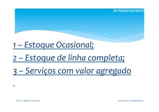 Armazenamento

                                                           	
  

                                                         	
  
1	
  –	
  Estoque	
  Ocasional;	
  
2	
  –	
  Estoque	
  de	
  linha	
  completa;	
  
3	
  –	
  Serviços	
  com	
  valor	
  agregado	
  
	
  	
  
                                                           	
  


       FGV-­‐RJ	
  -­‐	
  Logística	
  Empresarial	
               Bruno	
  Gomes	
  /	
  Renaud	
  Barbosa	
  
 