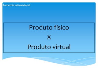 Comércio Internacional




                   Produto físico
                         X
                   Produto virtual
 