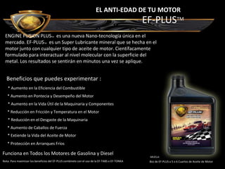 EF-PLUSTM
ENGINE FUSION PLUSTM es una nueva Nano-tecnología única en el
mercado. EF-PLUSTM es un Super Lubricante mineral que se hecha en el
motor junto con cualquier tipo de aceite de motor. Científacamente
formulado para interactuar al nivel molecular con la superficie del
metal. Los resultados se sentirán en minutos una vez se aplique.
EL ANTI-EDAD DE TU MOTOR
Beneficios que puedes experimentar :
* Aumento en la Eficiencia del Combustible
* Aumento en Pontecia y Desempeño del Motor
* Aumento en la Vida Útil de la Maquinaria y Componentes
* Reducción en Fricción y Temperatura en el Motor
* Reducción en el Desgaste de la Maquinaria
* Aumento de Caballos de Fuerza
* Extiende la Vida del Aceite de Motor
* Protección en Arranques Fríos
8oz de EF-PLUS a 5 o 6 Cuartos de Aceite de Motor
Funciona en Todos los Motores de Gasolina y Diesel
MEZCLA:
Nota: Para maximizar los beneficios del EF-PLUS combínelo con el uso de la EF-TABS o EF-TONKA
 