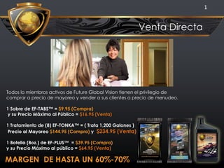 Venta Directa
Todos lo miembros activos de Future Global Vision tienen el privilegio de
comprar a precio de mayoreo y vender a sus clientes a precio de menudeo.
1 Sobre de EF-TABS™ = $9.95 (Compra)
y su Precio Máximo al Público = $16.95 (Venta)
1 Tratamiento de (8) EF-TONKA™ = ( Trata 1,200 Galones )
Precio al Mayoreo $144.95 (Compra) y $234.95 (Venta)
1 Botella (8oz.) de EF-PLUS™ = $39.95 (Compra)
y su Precio Máximo al público = $64.95 (Venta)
MARGEN DE HASTA UN 60%-70%
1
 