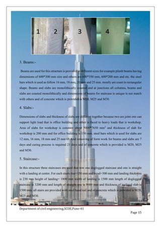 Department of civil engineering,SCOE,Pune-41
Page 15
3. Beams:-
Beams are used for this structure is provided in different sizes for example plinth beams having
dimensions of 600*300 mm size and others are 600*550 mm, 600*200 mm and etc. the steel
bars which is used as follow 16 mm, 18 mm, 20 mm and 25 mm. mostly are coast in rectangular
shape. Beams and slabs are monolithically coasted and at junctions all columns, beams and
slabs are coasted monolithically and dimensions of beams for staircase is unique is not match
with others and of concrete which is provided is M20, M25 and M30.
4. Slabs:-
Dimensions of slabs and thickness of slabs are different together because two are joint one can
support light load that is office building and other is faced to heavy loads that is workshop.
Area of slabs for workshop is constant about 5000*7650 mm2
and thickness of slab for
workshop is 200 mm and for office building is 150 mm. steel bars which is used for slabs are
12 mm, 16 mm, 18 mm and 25 mm Ø. And removing of form work for beams and slabs are 7
days and curing process is required 21 days and of concrete which is provided is M20, M25
and M30.
5. Staircase:-
In this structure three staircases are used that tow one doglegged staircase and one is straight
with a landing at center. For each stairs rise=150 mm and tread=300 mm and landing thickness
is 230 mm height of landing= 1800 mm width of landing is 1500 mm length of doglegged
staircase is 3200 mm and length of straight one is 9000 mm and thickness of inclined slab is
1500 mm. all stairs are provided with steel hand rail and of concrete which is provided is M20,
M25 and M30.
 