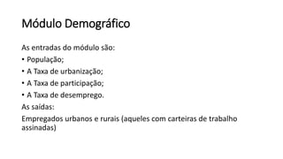 Módulo Demográfico
As entradas do módulo são:
• População;
• A Taxa de urbanização;
• A Taxa de participação;
• A Taxa de desemprego.
As saídas:
Empregados urbanos e rurais (aqueles com carteiras de trabalho
assinadas)
 