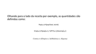Pop(u,r)=f(popTotal, txUrb)
Emp(u,r)=f(pop(u.r), TxPFT(u.r),Desemp(u,r)
Olhando para o lado da receita por exemplo, as quantidades são
definidas como:
Cont(u,r)=f(Emp(u.r), SalMedio(u,r), Alíquota)
 