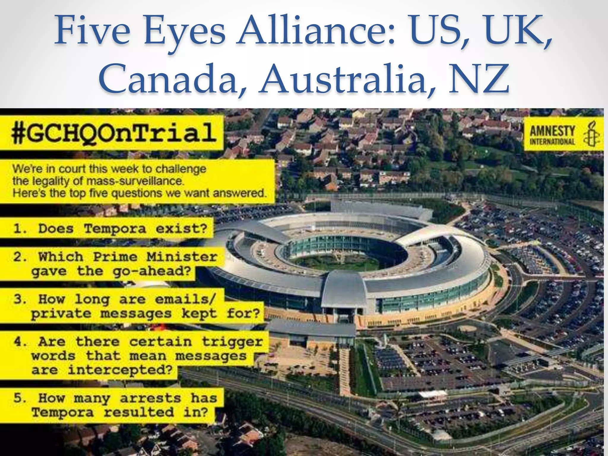 Five Eyes Alliance: US, UK,
Canada, Australia, NZ
 
