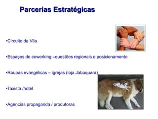 Parcerias Estratégicas



•Circuito da Vila


•Espaços de coworking –questões regionais e posicionamento


•Roupas evangélicas – igrejas (loja Jabaquara)


•Taxista /hotel


•Agencias propaganda / produtoras
 