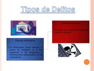 Sabotaje Informático
• El delincuente, busca destruir el
centro de cómputos en sí (las
máquinas) o los programas o
informaciones almacenados en los
ordenadores.
Piratería Informática
• Consiste en la violación ilegal del
derecho de autor.
 