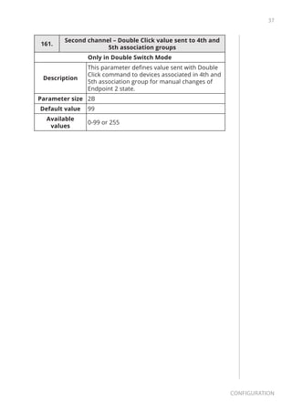 37
Configuration
161.
Second channel – Double Click value sent to 4th and
5th association groups
Only in Double Switch Mode
Description
This parameter defines value sent with Double
Click command to devices associated in 4th and
5th association group for manual changes of
Endpoint 2 state.
Parameter size 2B
Default value 99
Available
values
0-99 or 255
 