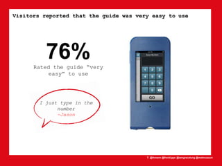 T: @lhmann @franklygw @iamgracetung @metmuseum
Visitors reported that the guide was very easy to use
76%Rated the guide “very
easy” to use
I just type in the
number
-Jason
 