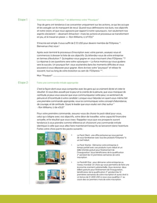 Inscrivez-vous à FGXpress ™ et déterminez votre “Pourquoi”
Trop de gens ont tendance à se concentrer uniquement sur les actions, ce qui les occupe
et les aveugle car ils manquent de recul. Quand nous définissons nos buts, nos objectifs
et notre vision, et que nous agissons par rapport à notre «pourquoi», non seulement nos
esprits s’éclairent -- devenant Attraction--mais les actions et processus se transforment
en jeu, et le travail en plaisir. »- Ron Williams, U of YOU”
S’inscrire est simple. Il vous suffit de $ 12 USD pour devenir membre de FGXpress ™.
Bienvenue chez vous !
Après avoir terminé le processus d’inscription avec votre parrain, asseyez-vous et
commencez à dresser la liste de vos objectifs. Qu’attendez-vous de votre entreprise
en termes d’évolution ? Qu’espérez-vous gagner en vous inscrivant chez FGXpress ™?
La réponse à ces questions sera votre «pourquoi» – La force motrice qui vous guidera
vers le succès. Un pourquoi fort vous soutiendra dans les moments difficiles et vous
poussera à vous dépasser pour gagner. Alors écrivez votre “pourquoi” et relisez-le
souvent, tout au long de votre évolution au sein de FGXpress ™”.
Mon “Pouquoi”:
Faire une commande initiale appropriée
C’est la façon dont vous vous comportez avec les gens qui va vraiment dicter et créer le
résultat. Si vous êtes assailli par la peur et la crainte de la pénurie, que vous manquez de
certitude, je peux vous assurer que vous communiquerez cette peur, ce sentiment de
pénurie et d’incertitude à votre candidat. Lorsque vous l’abordez en ayant vous-même fait
une première commande appropriée, vous lui communiquez votre concept d’abondance,
de courage, et de certitude. Soyez le leader que vous voulez voir chez autrui “
- Ron Williams, U de vOUS”
Pour votre première commande, assurez-vous de choisir le pack idéal pour vous,
celui qui s’aligne avec vos objectifs, votre désir de travailler, votre capacité financière
actuelle, et le résultat que vous visez. Rappelez-vous que vos prospects auront
tendance à vous prendre comme référence et choisiront une commande initiale
identique à celle que vous allez faire maintenant lorsqu’ils se lanceront dans l’aventure.
Faites votre choix parmi les packs suivants :
Etape 1:
Etape 2:
•	 		 Le Pack Client : une offre exclusive qui vous permet 		
	 de vous familiariser avec tous les produits FGXpress™à 	
	 un tarif réduit.
•	 Le Pack Starter : Démarrez votre entreprise à
	 temps partiel avec ces produits à prix réduit et un
	 billet d’entée gratuit pour l’événement de
	 l’inauguration. Vous bénéficierez de la qualification
	 2* pendant les 12 premières semaines de votre 	
	inscription.
•	 Le PackAll-Star : pour démarrer votre entreprise au
	 niveau mondial. Un choix qui vous permettra de faire une
	 économie vraiment substantielle. Vous recevrez deux
	 billets gratuits pour l’évènement de l’inauguration,
	 bénéficierez de la qualification 2* pendant les 12
	 premières semaines de votre inscription et aurez droit à
	 un bonus de $ 1,000 USD si vous vous qualifiez 4* au
	 cours des six premiers mois de votre inscription.	
 