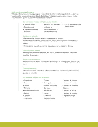Guide pour trouver des Prospects
Utilisez cette feuille comme un guide pour vous aider à identifier les clients potentiels pendant que
vous travaillez sur votre liste de candidats. Cette liste n’est pas exhaustive, alors ne vous mettez
aucune barrière quand vous commencez à écrire des noms.
•	Propriétaire
•	Facteur
•	Gardien
•	Teinturier
•	Installateur d’antenne
•	Avocat
•	Opticien
•	Pharmacien
•	Coiffeur
•	Paysagiste
•	Homme à tout faire
•	Serveuse
•	Mécanicien
•	Livreur
•	Diététicien
•	Agent immobilier
•	Vendeur de voitures
•	Vendeur de mobiles
•	Vendeur de systèmes
d’alarme
•	Vendeur de Bijoux
•	Vendeur de meubles
•	 Agent de Voyage
Les gens avec qui vous êtes en relation :
Membres de la famille :
•	 Famille proche : conjoint, enfants, frères, sœurs et parents
•	 La famille élargie: tantes, oncles, cousins, nièces, neveux, grands-parents, beaux-
parents
•	 Amis, voisins, toutes les personnes à qui vous envoyez des cartes de vœux
Contacts par vos enfants :
•	 Enseignants, entraîneurs sportifs, des scouts, professeurs de danse, baby-sitter,
chauffeur de bus, etc …
Église ou un groupe social :
•	 Association d’étudiants, anciens amis d’école, ligue de bowling, église, salle de gym,
etc ...
Collègues de travail :
•	 Emplois passés et présents, si votre conjoint travaille,ses relations professionnelles
passées et présentes
•	 Un nouvel emploi
•	Très déterminé
•	Un homme d’affaires
	accompli
•	Ami avec tout le monde
•	Un leader né
•	Besoin d’améliorer sa 	
	 situation financière
•	Qui a un métier stressant
•	Déteste perdre
Qui connaissez-vous qui est / qui a / ou qui cherche :
 