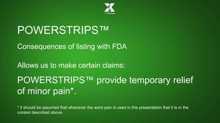 POWERSTRIPS™ 
Consequences of listing with FDA 
Allows us to make certain claims: 
POWERSTRIPS™ provide temporary relief 
of minor pain*. 
* it should be assumed that whenever the word pain is used in this presentation that it is in the 
context described above. 
 