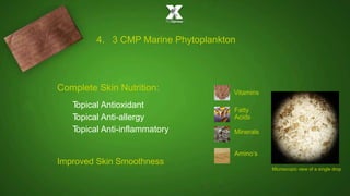 4. 3 CMP Marine Phytoplankton
Vitamins
Fatty
Acids
Complete Skin Nutrition:
Minerals
Topical Antioxidant
Topical Anti-allergy
Topical Anti-inflammatory
Amino’s
Microscopic view of a single drop
Improved Skin Smoothness
 