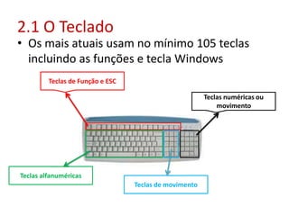 2.1 O Teclado
• Os mais atuais usam no mínimo 105 teclas
incluindo as funções e tecla Windows
Teclas de Função e ESC
Teclas numéricas ou
movimento
Teclas de movimento
Teclas alfanuméricas
 