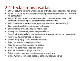 2.1 Teclas mais usadas
• ENTER (return): termina uma linha, da entrada aos dados digitados, envia
• F1 a F12: teclas de função que são configuradas dependendo do software
no computador
• ESC, CTRL, ALT respectivamente: escape, controle e alternativa. O ESC
normalmente usado para cancelamento de comandos
• TAB: tabulação, em texto avança para próxima marca de tabulação
• Caps Lock: trava letras maiúsculas e destrava
• Shift: manter pressionada para maíusculas
• Backspace: retrocesso, volta apagando letras
• Num Lock: trava teclado numérico ou destrava para teclas de movimento
• Insert: modo de inserção em textos
• Delete (del): apaga letra a frente do cursor
• Page Up: mostra uma página acima
• Page Down: mostra uma página abaixo
• Home: vai para início (página ou linha)
• End: vai para o final (página ou linha)
• Setas: usadas para movimentar o cursor pelo texto
• CTRL+ALT+DEL: comando especial para o Windows ou DOS
 